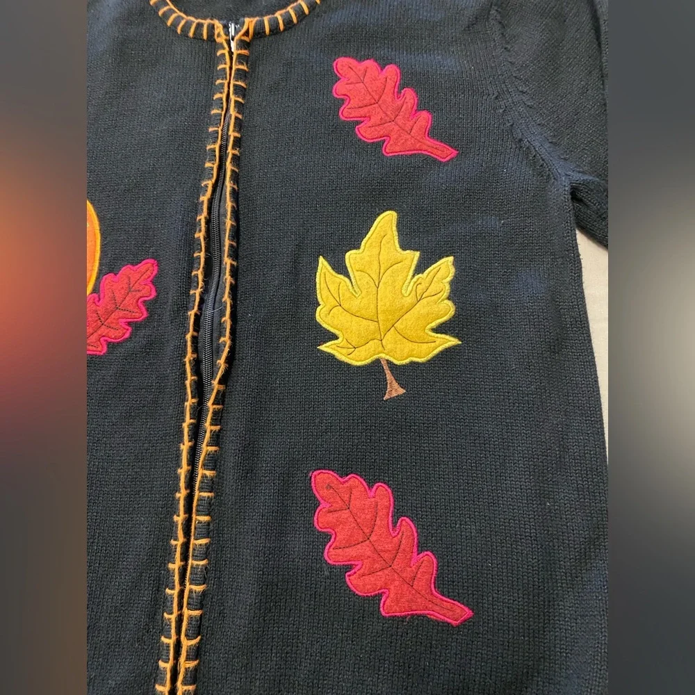Isafia Trading Inc Autumn Fall Leaves‎ Pumpkin Acorn Zip Cardigan Sweater Large